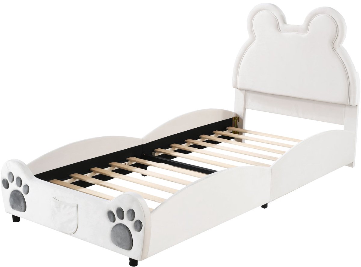 Merax 90x200 cm Kinderbed in Berenvorm - Fluwelen Bed voor Kinderen - Wit