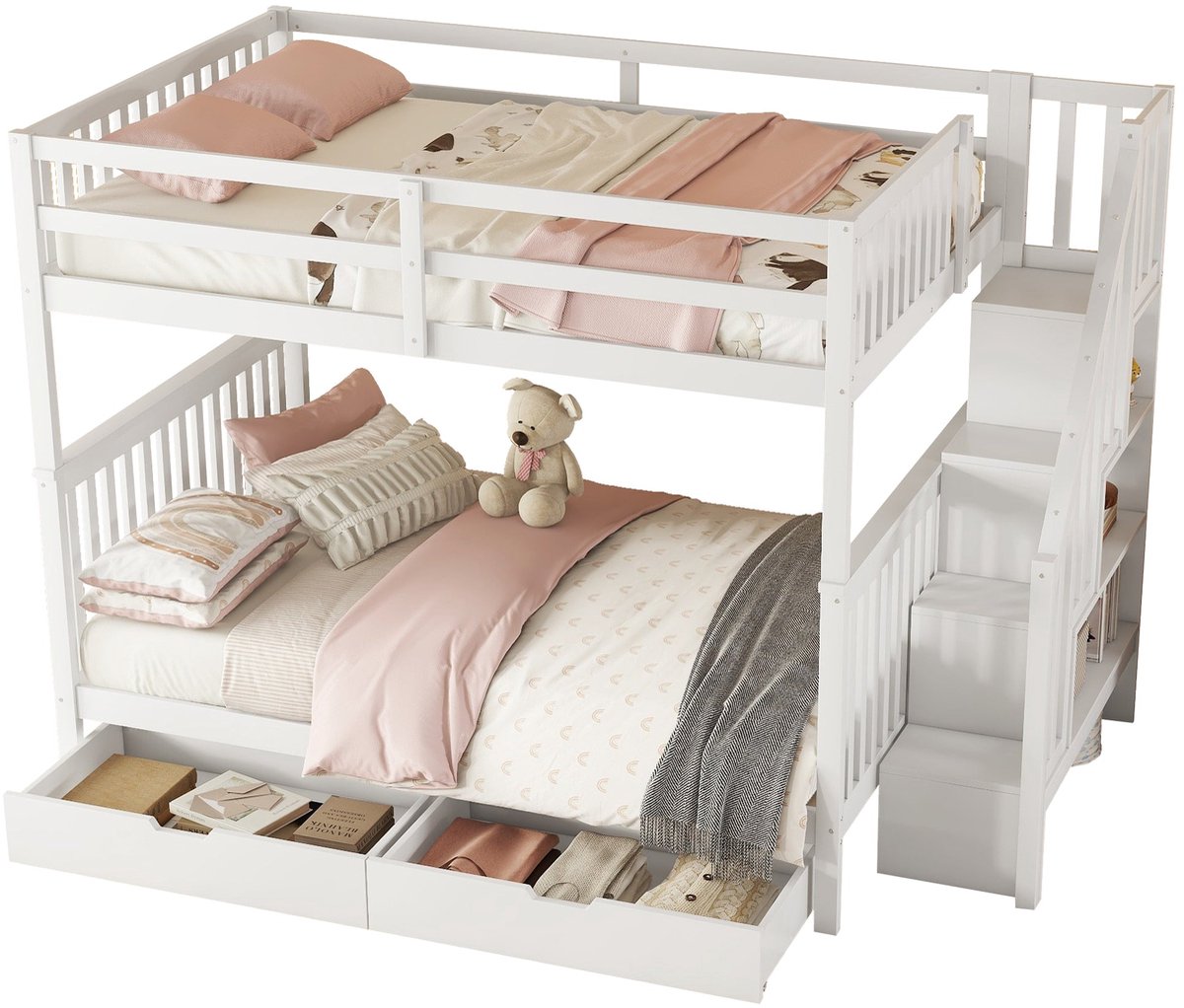 Merax Stapelbed 140x200 cm met Trap – Kinderbed met Lades en Veiligheidsrand – Wit