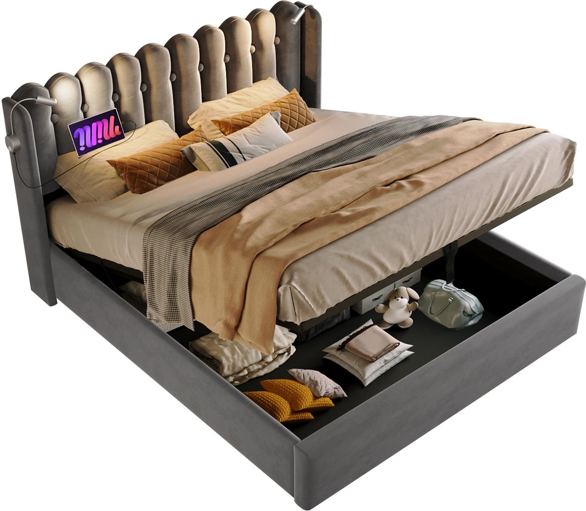Merax Velvet Gestoffeerd Tweepersoonsbed met Verlichting en Oplaadfunctie - Luxe Bed met Hydraulische Opbergruimte - Grijs