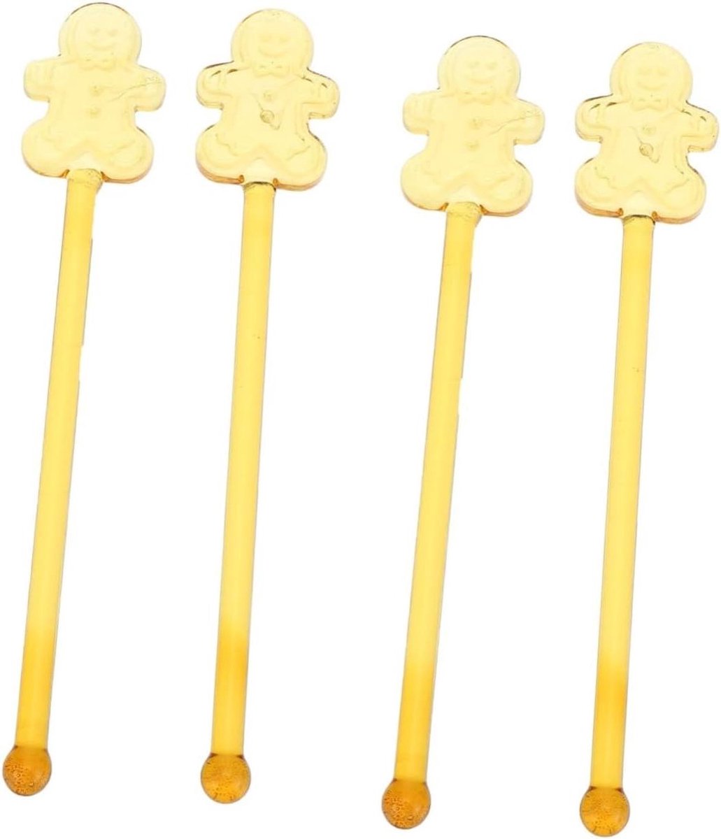 Allecto Plus - 4 Stuks Roerstaafjes voor Koffie en Drankjes - Honinglepel en Kerstlepel - Glas en Gingerbread Man Design - Herbruikbaar