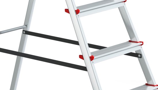 Gedetailleerde close-up van de aluminium treden en rode anti-sliponderdelen van de ladder.