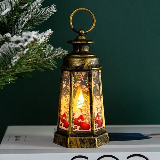 Lanterne de Noël à lumière chaude - Lampe de table Décoration Vintage en bronze pour l'intérieur et l'extérieur - Lampe de table portable avec bougie LED , motif Père Noël, cadeau Perfect pour les Enfants et décoration de fête