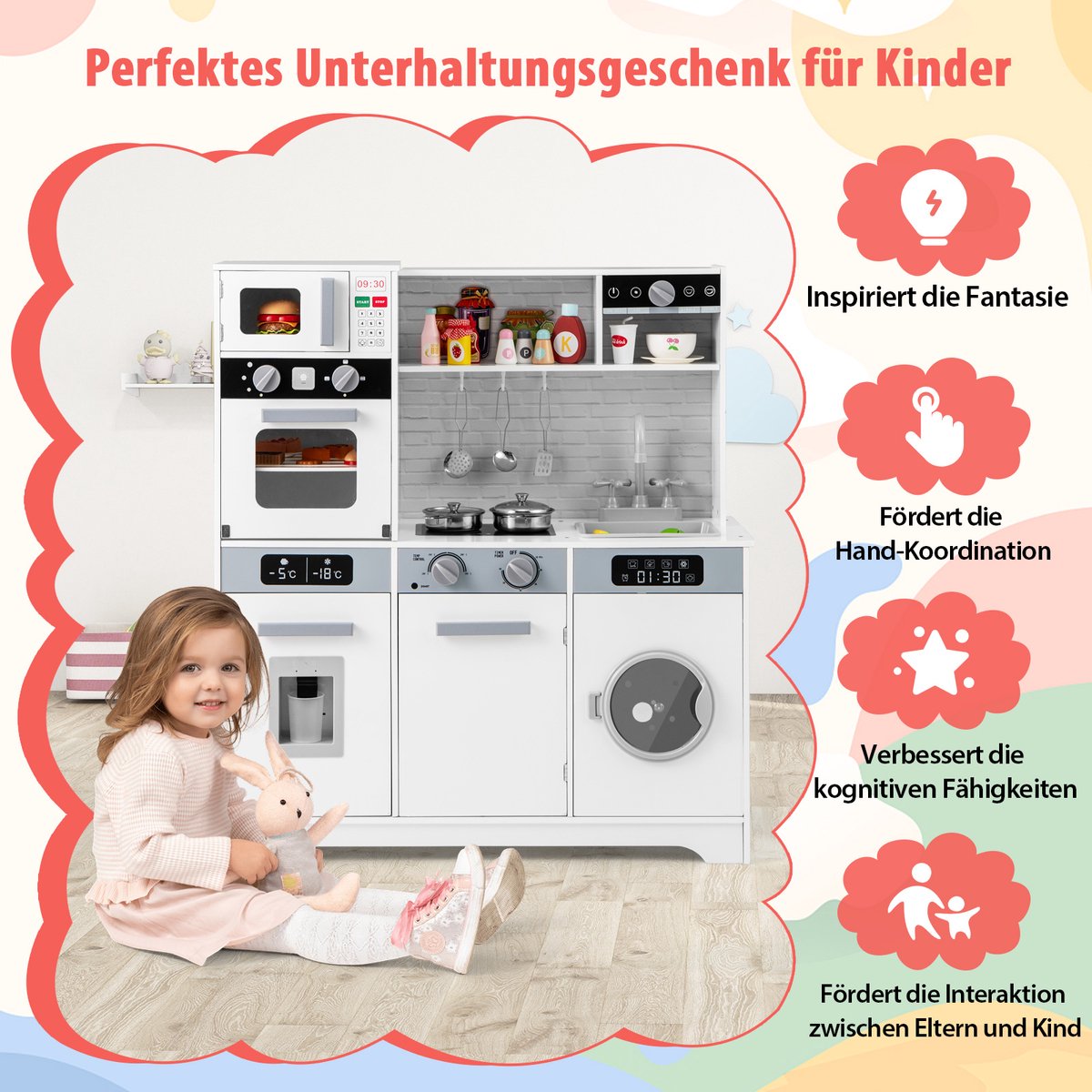 COSTWAY Houten kinderkeuken met wasmachine, gootsteen, waterdispenser, magnetron, oven, gebruiksvoorwerpen, speelkeuken met licht en geluid, voor kinderen vanaf 3 jaar — afbeelding 6