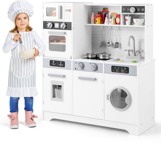COSTWAY Houten kinderkeuken met wasmachine, gootsteen, waterdispenser, magnetron, oven, gebruiksvoorwerpen, speelkeuken met licht en geluid, voor kinderen vanaf 3 jaar