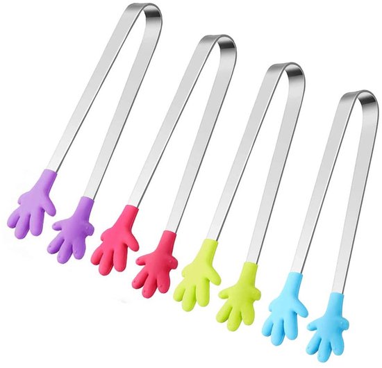 Gsedaox-Voedseltangen-4 stuks-Mini siliconen roestvrijstalen voedselclips-Suikerklonttangen-Handpalmvormig-voor voedsel suiker ijs salade buffet