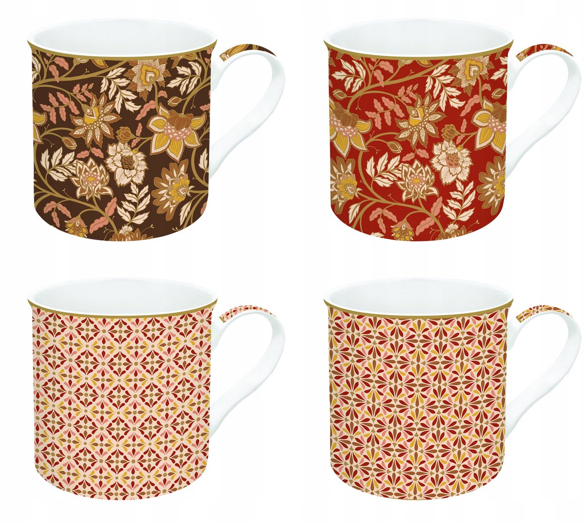 Set van 4 Porseleinen Mokken - 300 ml, Diverse Patronen