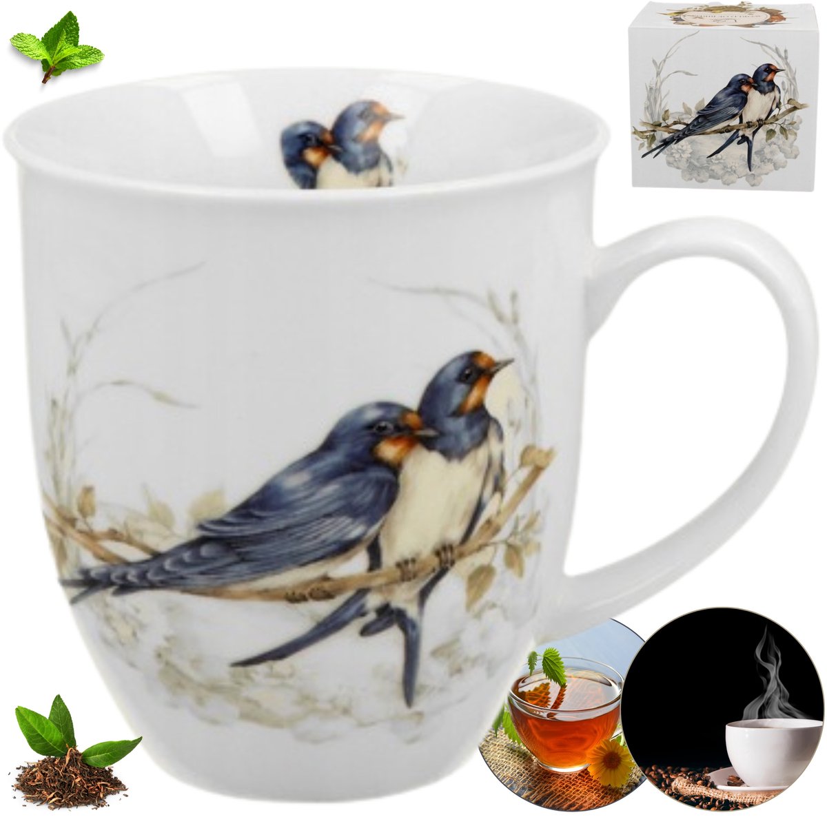 Porseleinen Mok 400ml met Zwaluwenpatroon - Ideaal Cadeau