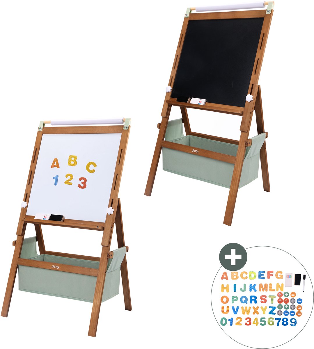 Sunny Lara Activiteiten Ezel – Verstelbare Kinder Ezeltje van Hout – Speelezel met Whiteboard & Krijtbord – Magnetisch Bord – Inclusief Papierrol, Magneten, Krijtjes, Markeerders en Eraser – Educatief Speelgoed