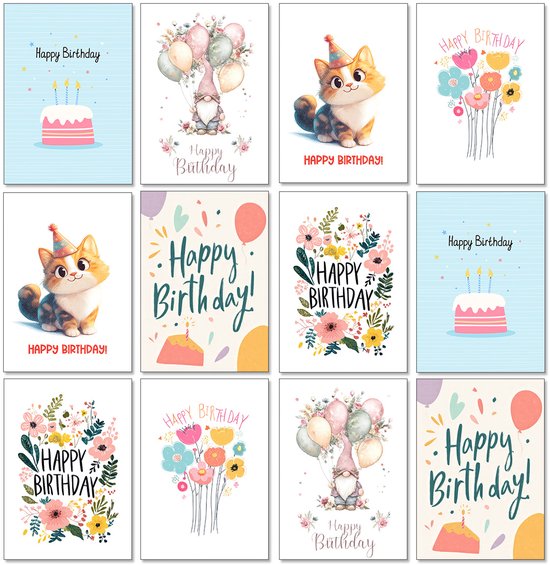 Wenskaarten + Enveloppen 12 stuks – Dubbele Kaart van Stevig Papier – Wenskaart / Wenskaarten Blanco (Wenskaarten Zonder Tekst) – Wenskaarten Verjaardag – Verjaardagskaart – Verjaardagskaarten met Envelop – Inclusief Kraft Enveloppen – Set B