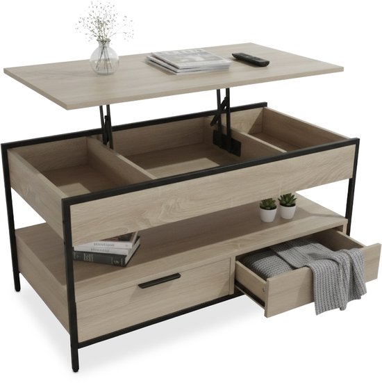 Table basse réglable en hauteur - 2 tiroirs - avec espace de rangement - marron clair-noir