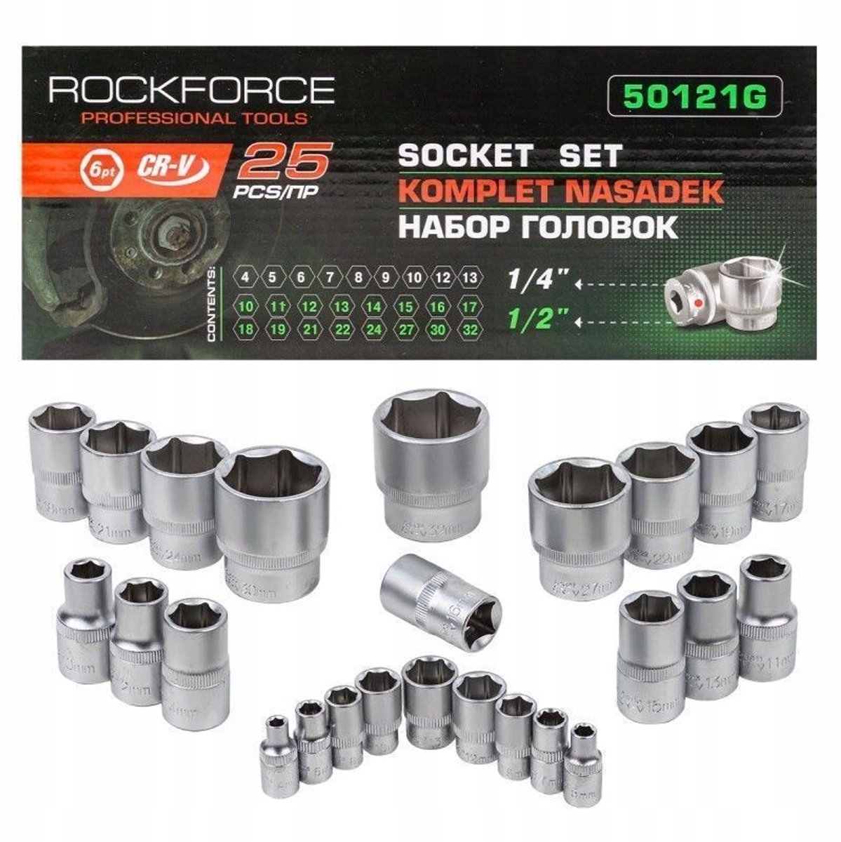 Rockforce Dopre 25-delige Doppenset 1/4" & 1/2" (4-32mm)