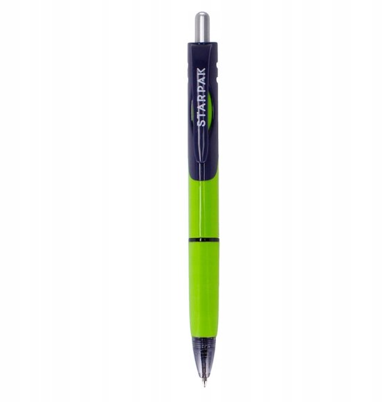 Stylo Starpak vert avec grip bleu foncé et clip argenté.
