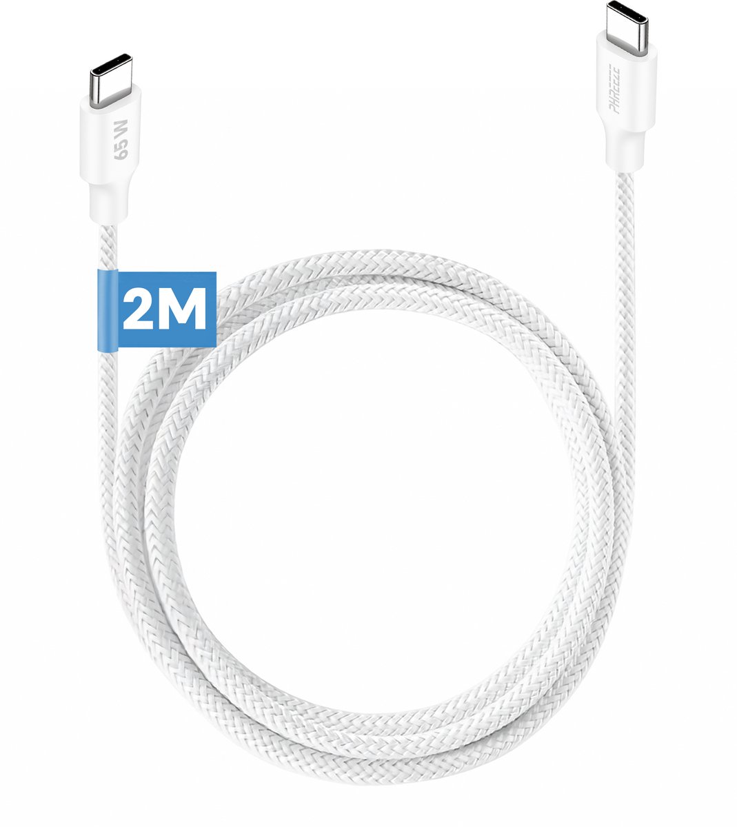Lange usb C kabel 2m - 65w laptop oplader usb C - Oplaadkabel - Stevig nylon - Wit - Phreeze