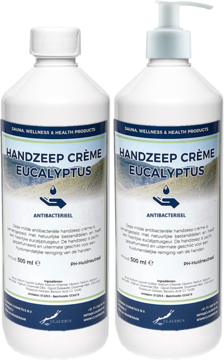 Handzeep Crème Eucalyptus 500 ml - set van 2 stuks - met gratis pomp - Voordeelverpakking