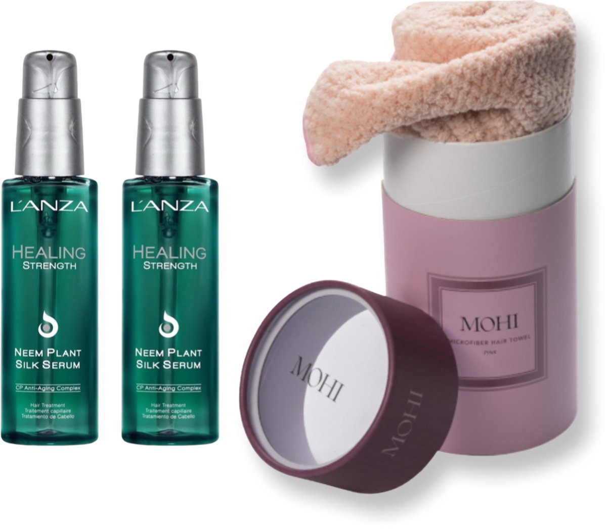 L'anza - Healing Strenght -Neem Plant Silk Serum - 2 keer 100 ml & MoHi Microvezel Haarhanddoek Pink