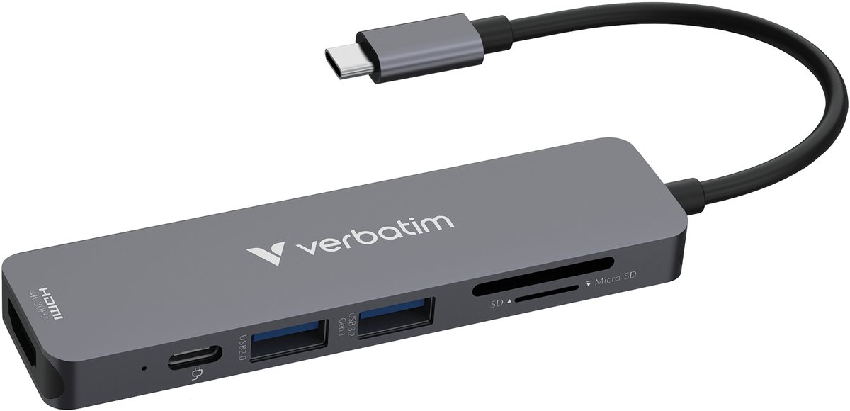 Verbatim 32156 - USB-C Hub - 6 poorten: HDMI, USB-C PD, USB-A 3.2 Gen 1, USB-A, SD & microSD