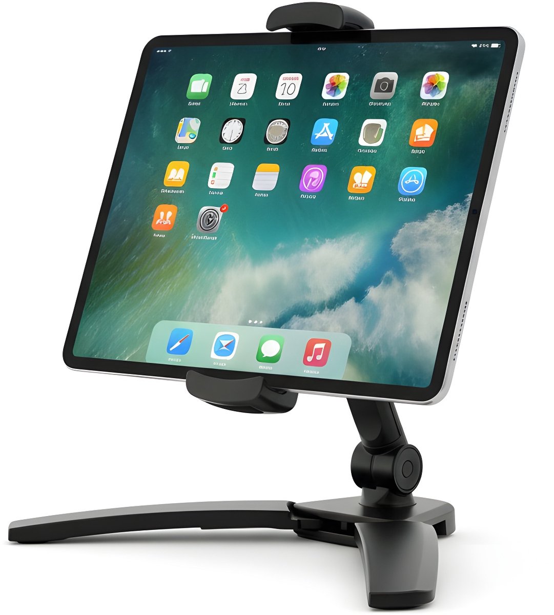 Tablet- en Telefoonhouder – Verstelbaar – 360° Draaibaar – Geschikt voor 4,7" – 12,9" – Zwart met houder voor muurbevestiging