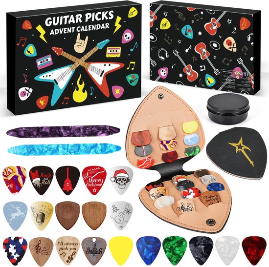 2026 Gitaar plectrum Adventskalender Voor Kerstmis - 24 Dagen Aftellen Met Diverse Plectrums En Opbergdoosje - Het Perfecte Feestelijke Cadeau Voor Gitaarliefhebbers