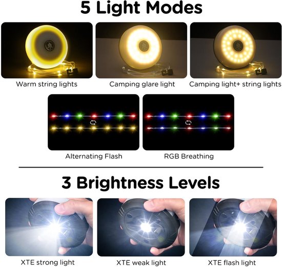 OIMG Campinglamp - Camping Lichtsnoer 10 Meter -Warm licht en gekleurd licht - Ambience Strip - IPX4 Waterdicht - Verlichting Buiten Slinger - draagbaar -waterdicht - campinglicht - USB - oplaadbaar - Voor Camping - Balkon - Feest & Terras — afbeelding 3