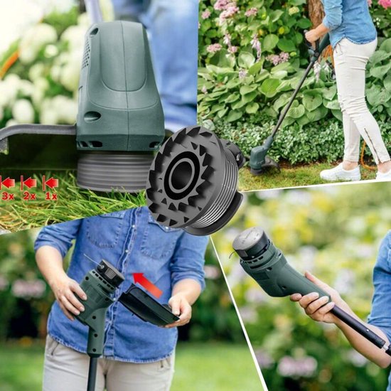 6-pack vervangende nylon trimmerspoel F016800569- compatibel met Bosch EasyGrassCut 18 23 26 SL (6 lijnspoelen- 2 spoelhoezen) — afbeelding 3