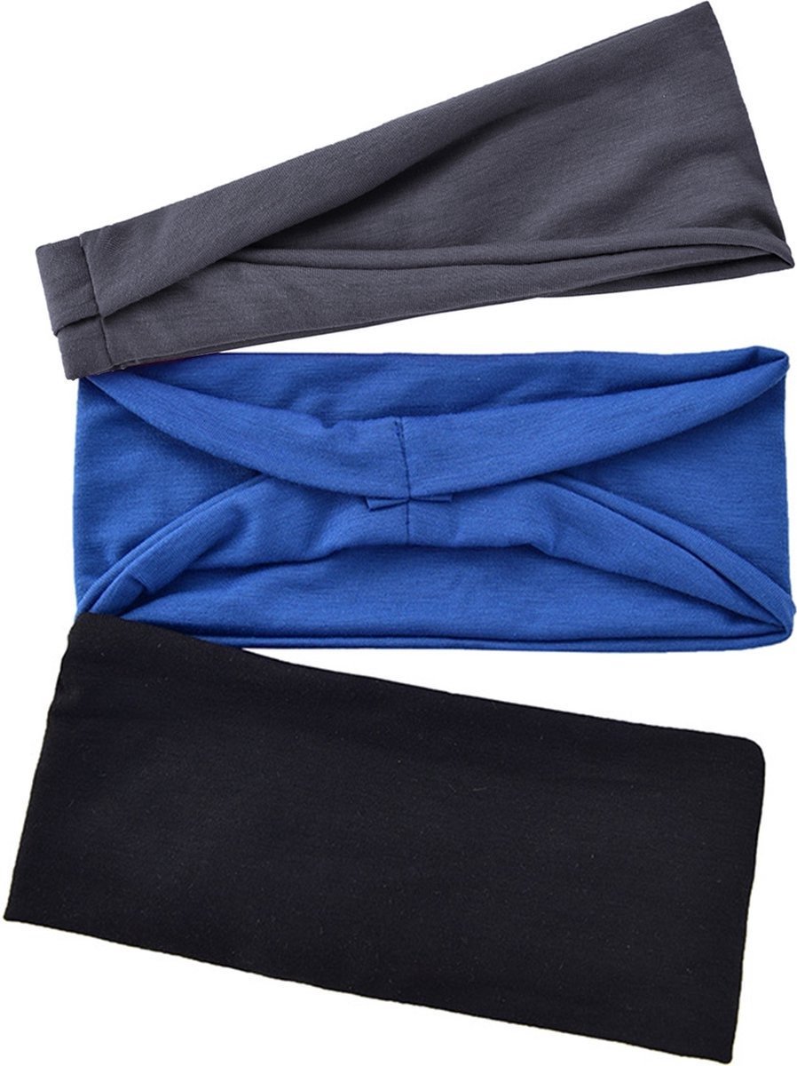 Somstyle Haarbanden Set - 3 Stuks - Sport Hoofdband Unisex - Elastische Antislip - Blauw, Zwart & Grijs