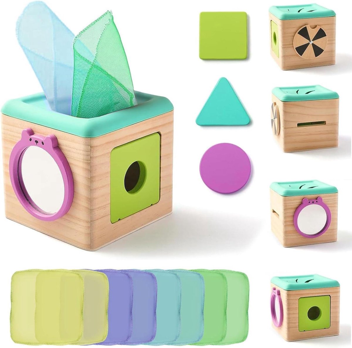 Provento - Montessori speelgoed voor baby's vanaf 6 maanden - doekjesbox - sensorisch en motoriekspeelgoed - cadeaus voor verjaardag en Kerstmis met 6 maanden of ouder