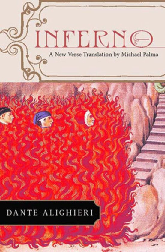 Boekkaft met de titel 'INFERNO' en een illustratie van drie mannen in vlammen.