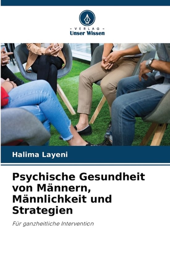 Boekomslag: een groep mensen zit in een cirkel op een kunstgrasveld. Titel: Psychische gezondheid van mannen.