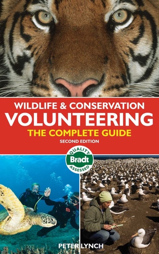 Livre "Wildlife & Conservation Volunteering: The Complete Guide" avec gros plan de tigre, plongeurs avec tortue et grand groupe d'oiseaux marins.