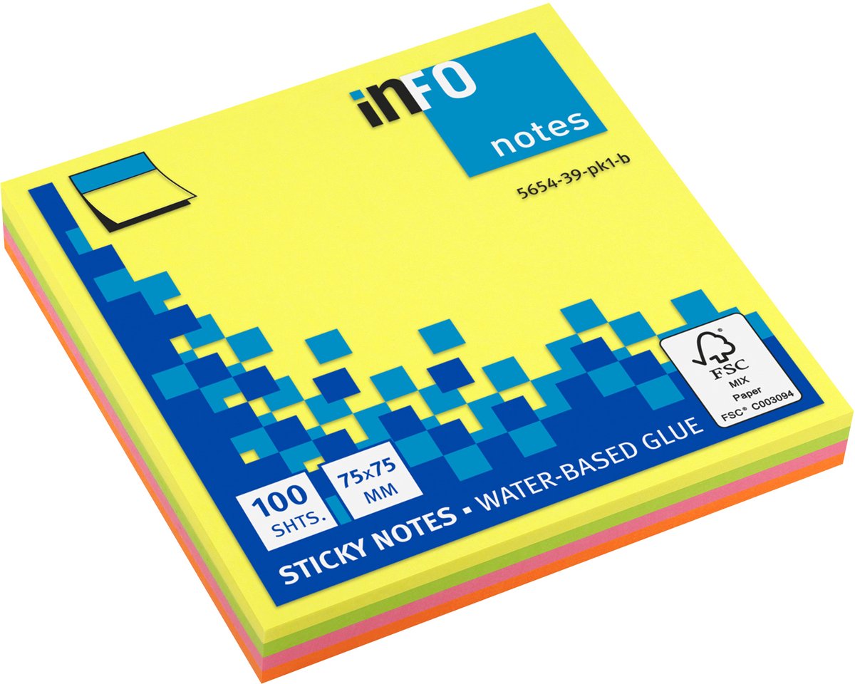 Info sticky notes - Brilliant - 4 x 25 vel - 75x75mm - geel, roze, groen, oranje - IN-5654-39-PK1