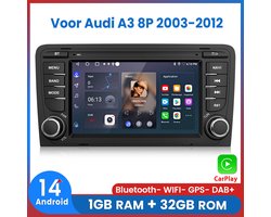 Awesafe Geschikt Voor Audi A3 8P 2003 t/m 2012 - Carplay & Android Auto - 1GB+32GB - GPS Navigatie Bluetooth WIFI - 2003 2004 2005 2006 2007 2008 2009 2010 2011 2012