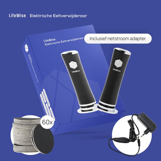 LifeWise elektrische eeltverwijderaar in verpakking. Twee zwarte apparaten met zilverkleurige details en 60 schuurpads. Inclusief netstroomadapter.
