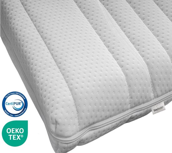 Surmatelas blanc avec fermeture éclair et labels CertiPUR et Oeko-Tex.