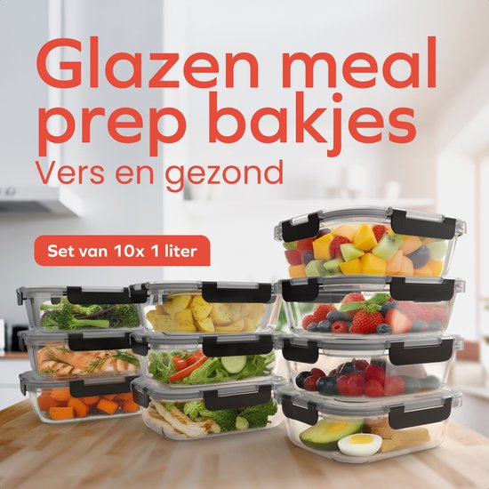 Set van 10 glazen meal prep bakjes van 1 liter, gevuld met diverse maaltijden zoals zalm, kip, groenten en fruit.