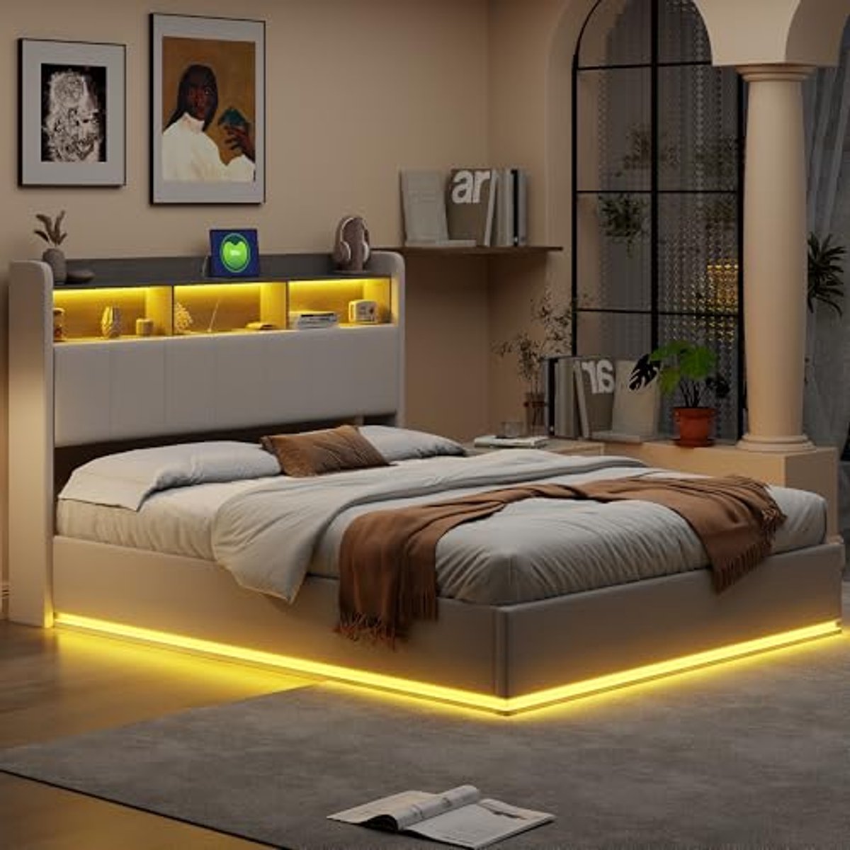 Gestoffeerd Bed 160 x 200 cm met USB Oplaadfunctie, Ledverlichting en Opbergruimte