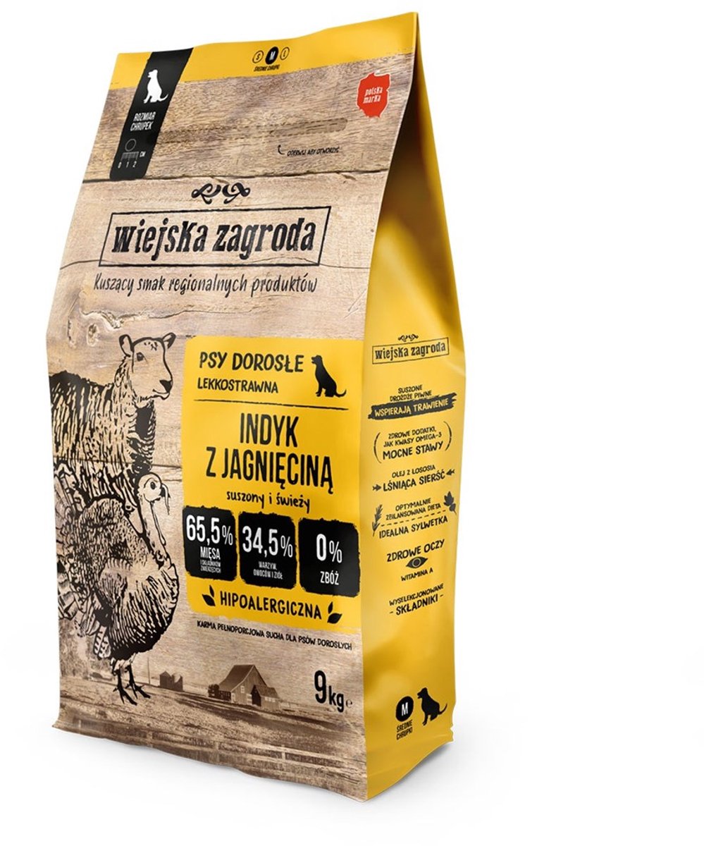 WIEJSKA ZAGRODA Wiejska Zagroda - Droogvoer voor Honden - Kalkoen & Lam - Brokken M - Graanvrij - Gezonde Spijsvertering - 9 kg