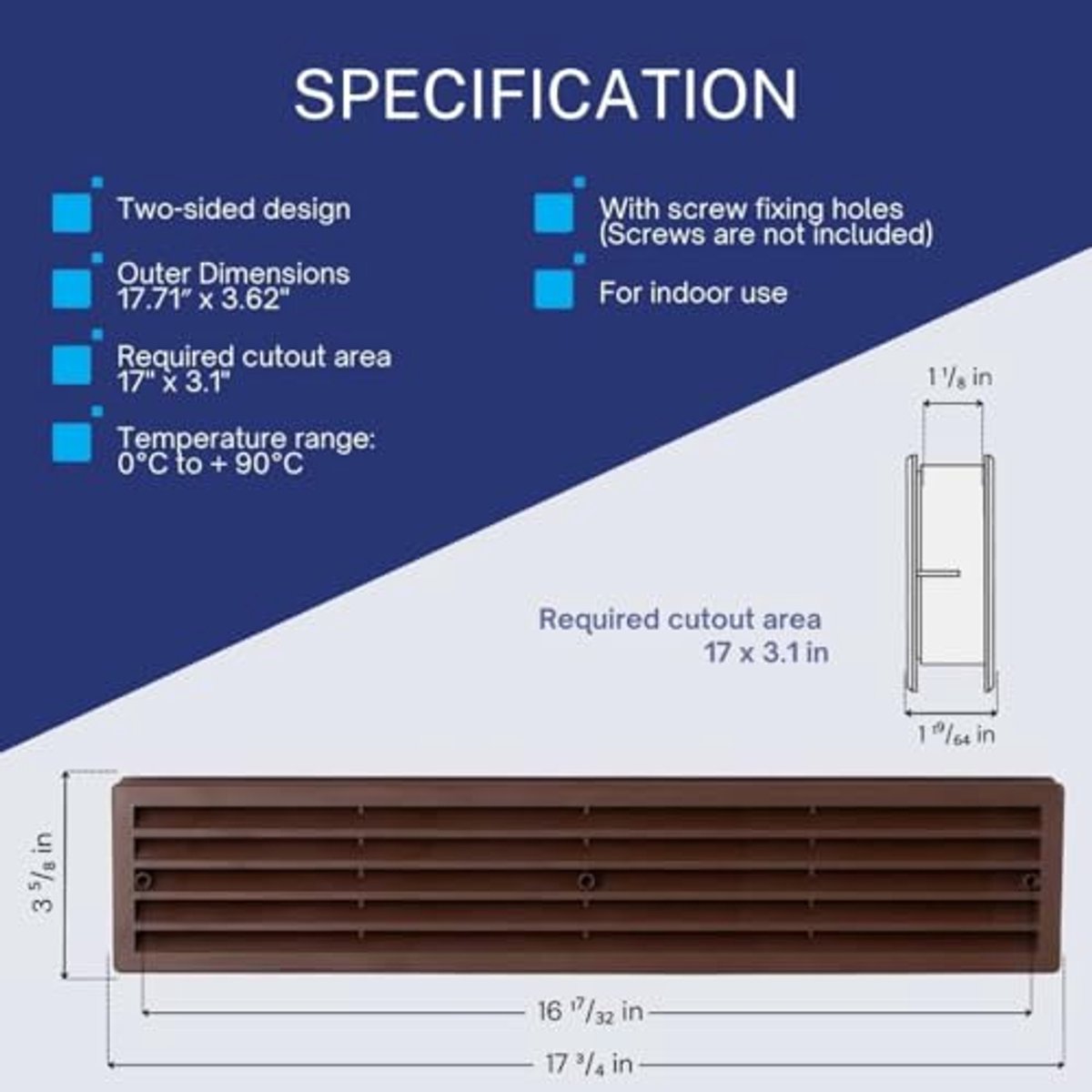 Deurventilatierooster voor Keuken en Badkamer - 450 x 92 mm - Kunststof Afvoerrooster