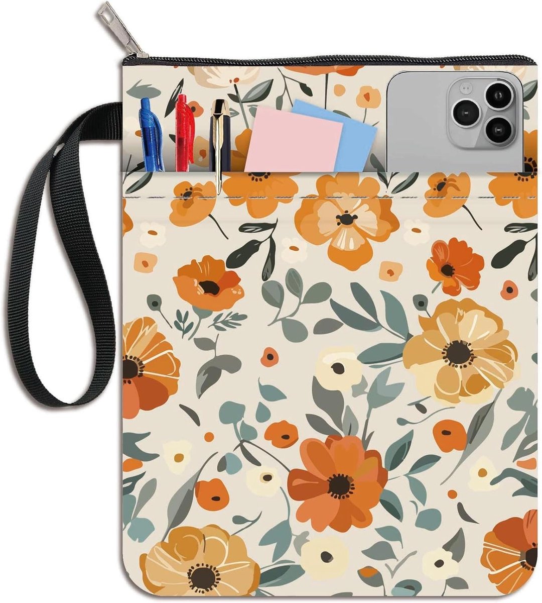 Oranje Bloemen Boekhoes met Rits - Wasbare Stof - Extra Mouwzak