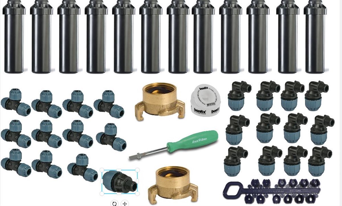 RainBird tuinsproeierset 5004 zonder tyleenslang | 12x pop-upsproeier | 12 sproeiers | Sproeibereik 10 t/m 15 meter