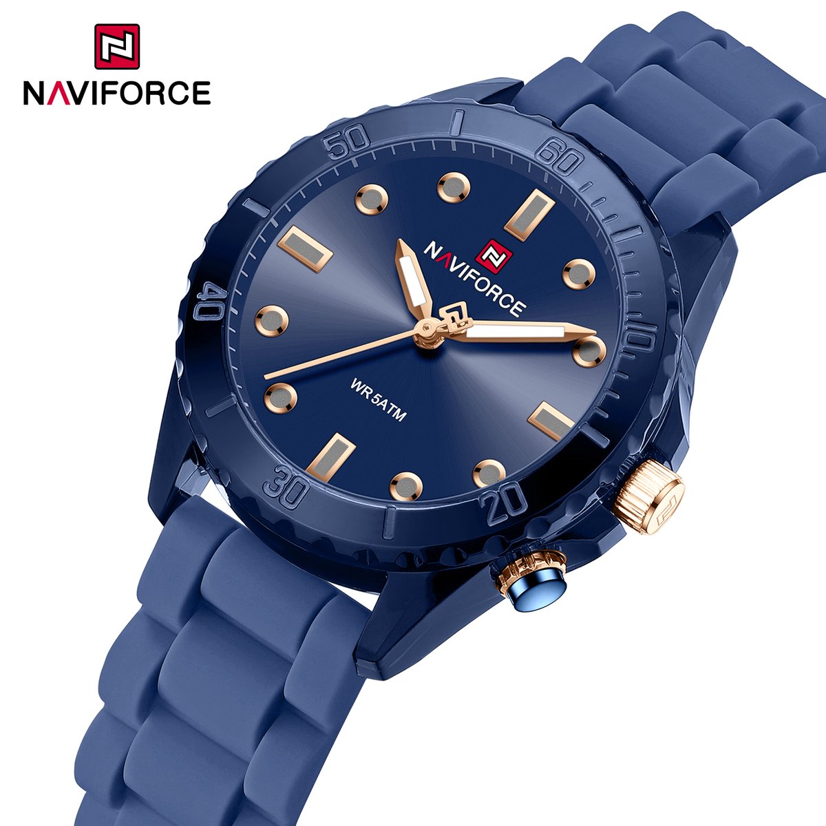 NAVIFORCE horloge met blauwe gefumeerde siliconen polsband, blauwe wijzerplaat en blauwe horlogekast voor dames met stijl ( model 7115 BEBE )