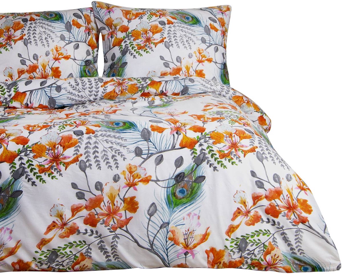 Katoenen Dekbedovertrek 180x200 COTTONLOVE Bloemen Wit Oranje