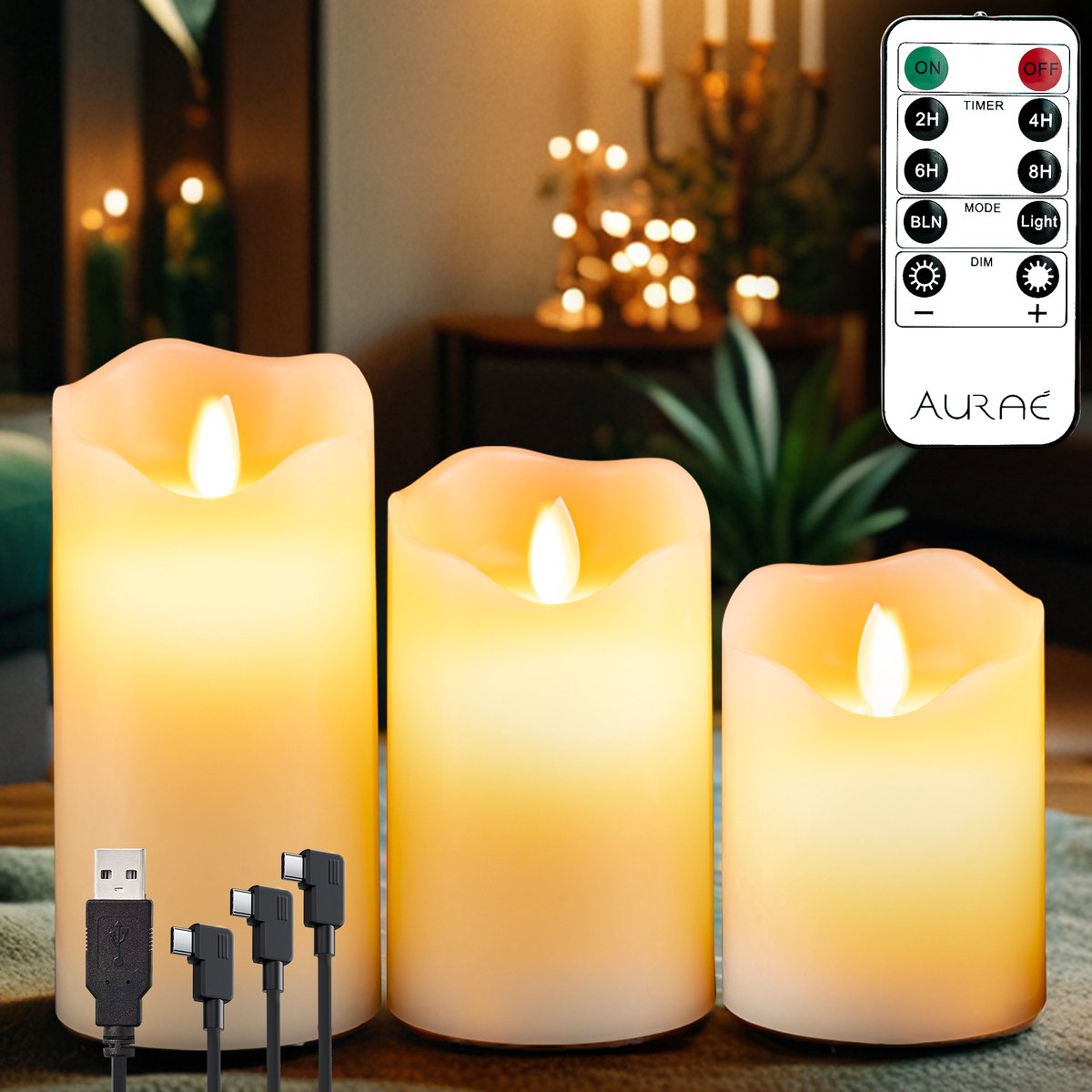 Aurae oplaadbare LED stompkaarsen – ivory (set van 3)