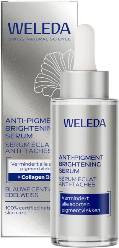 Weleda Anti-Pigment Brightening Serum en verpakking, zilverkleurig met blauwe details, met bloemenmotief.