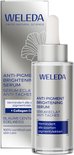 Weleda Anti-Pigment Brightening Serum en verpakking, zilverkleurig met blauwe details, met bloemenmotief.