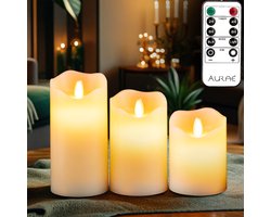 Aurae Led Kaarsen met Bewegende Vlam - 3x - Echte Wax - Afstandsbediening - 250+ Branduren - op Batterijen - Flikkerende Vlam - Timer - Kerst Kaarsen