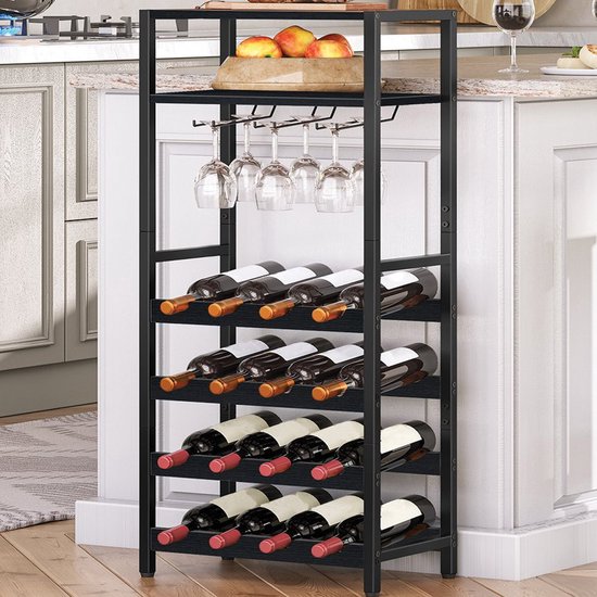 Houten Wijnrek 16 Flessen – Zwart Industrieel Design met Metaal Frame – 60×30×120 cm – IN-HOMEXL Paradiso