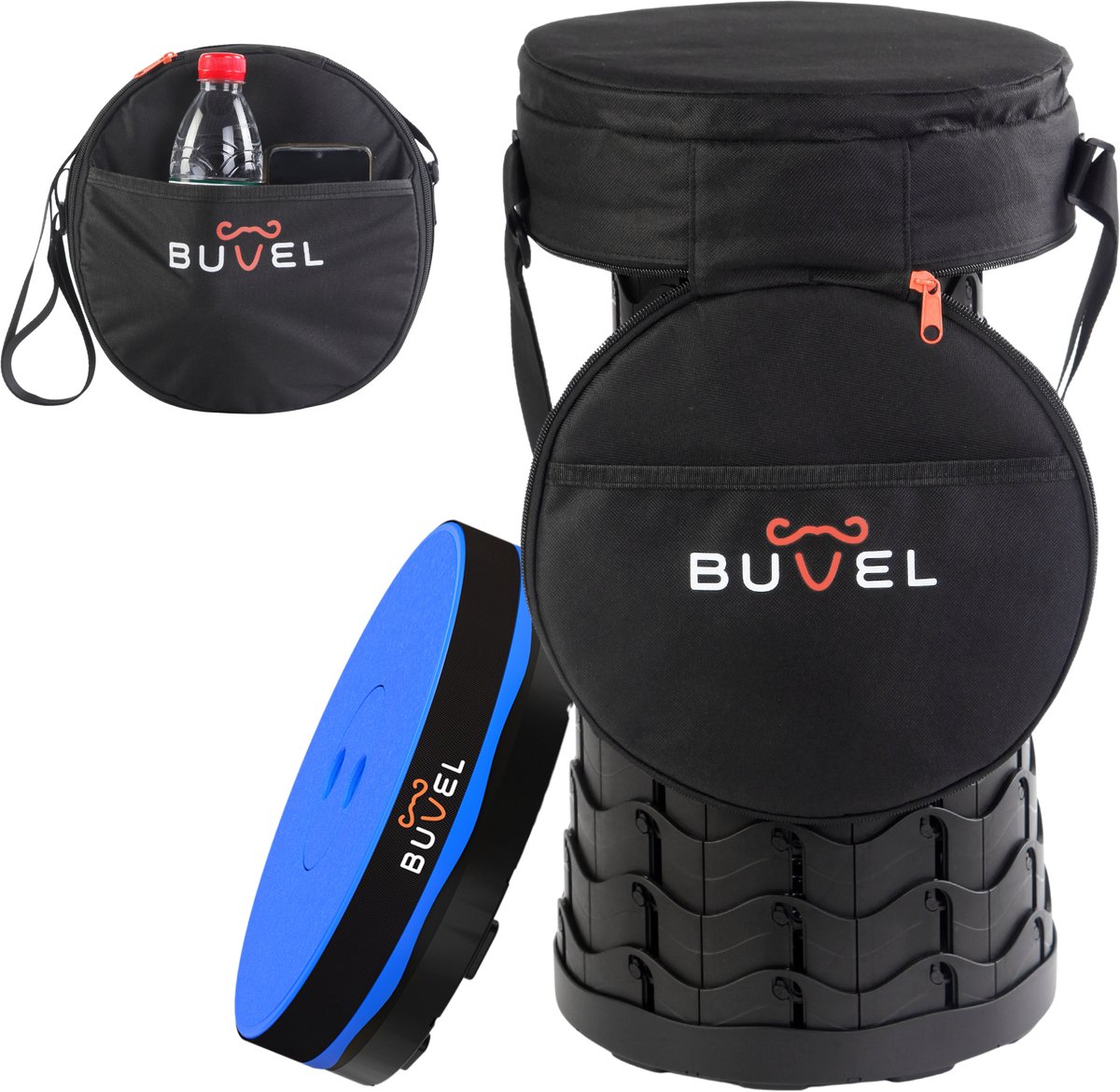 Buvel® Opvouwbare kruk - Kruk - Krukje - Campingstoel - Inklapbaar - Telescopisch - Visstoel - Voetensteun - Blauw - Rond met kussen