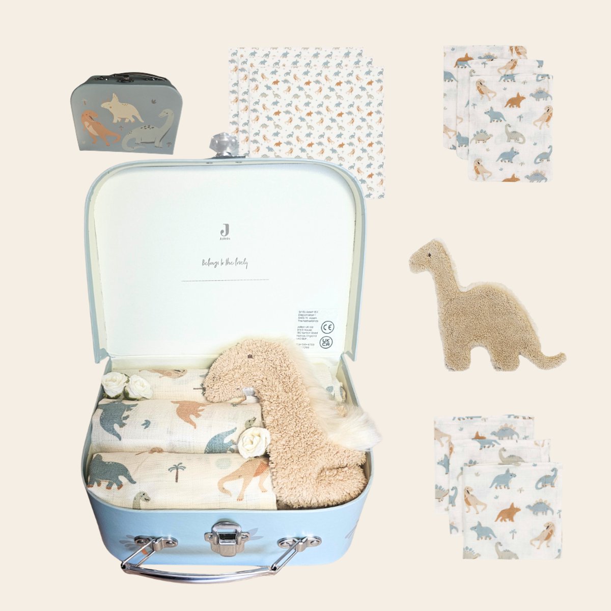 Kraamcadeau Dino – Koffertje met happy horse knuffeldoekje dino en Jollein babyartikelen