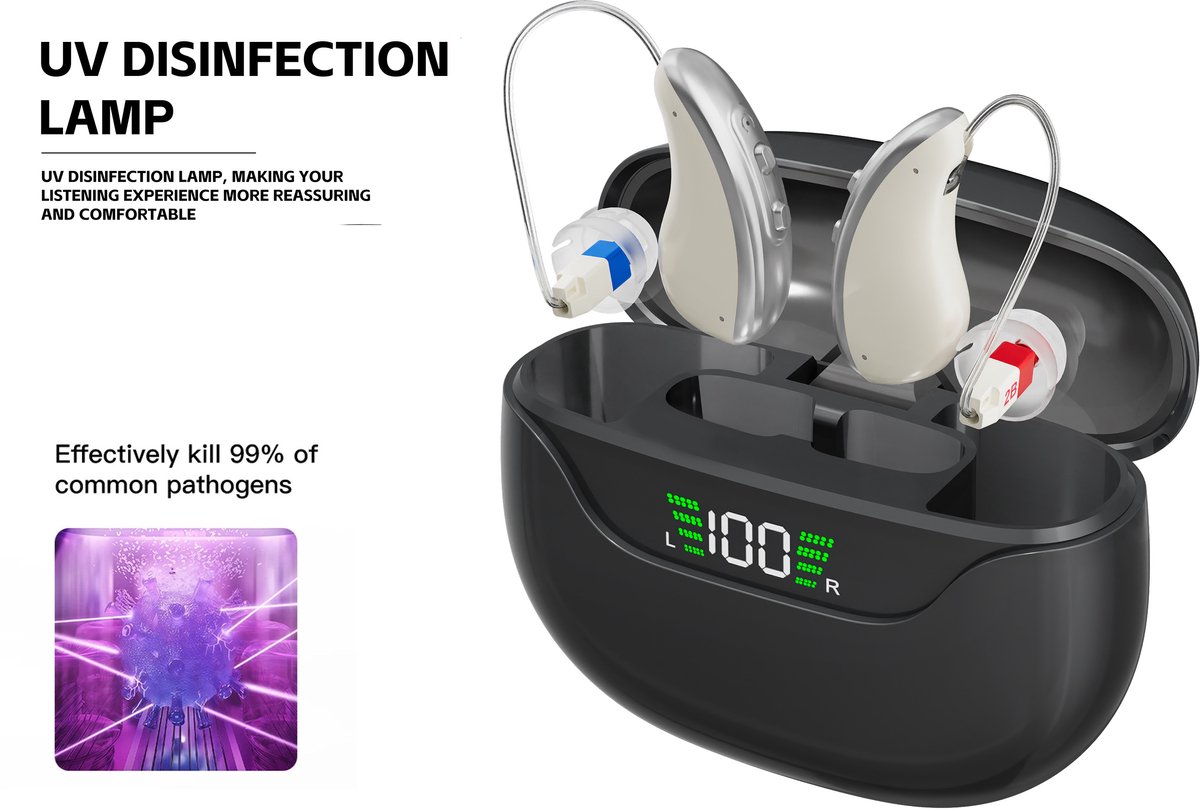 Pro Care Excellent Quality® 2x DSP Intelligent digitaal Gehoorapparaat Oplaadbaar - Auto UV Cleaning! - Tinnitus Masking - Easy Click - Geluid Reductie - Oplaadbare LED Li/Re Box - Voor achter het oor (AHO) links en rechts - Zwart Zilver