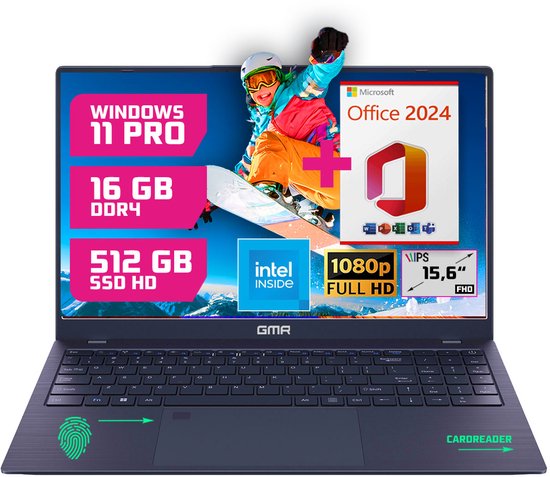GMR - 15.6 Inch Full HD Laptop - Intel N95 - 16GB DDR4 RAM - 512GB SSD - Office 2024 - Windows 11 Pro voor Thuis, Office en Studie notebook